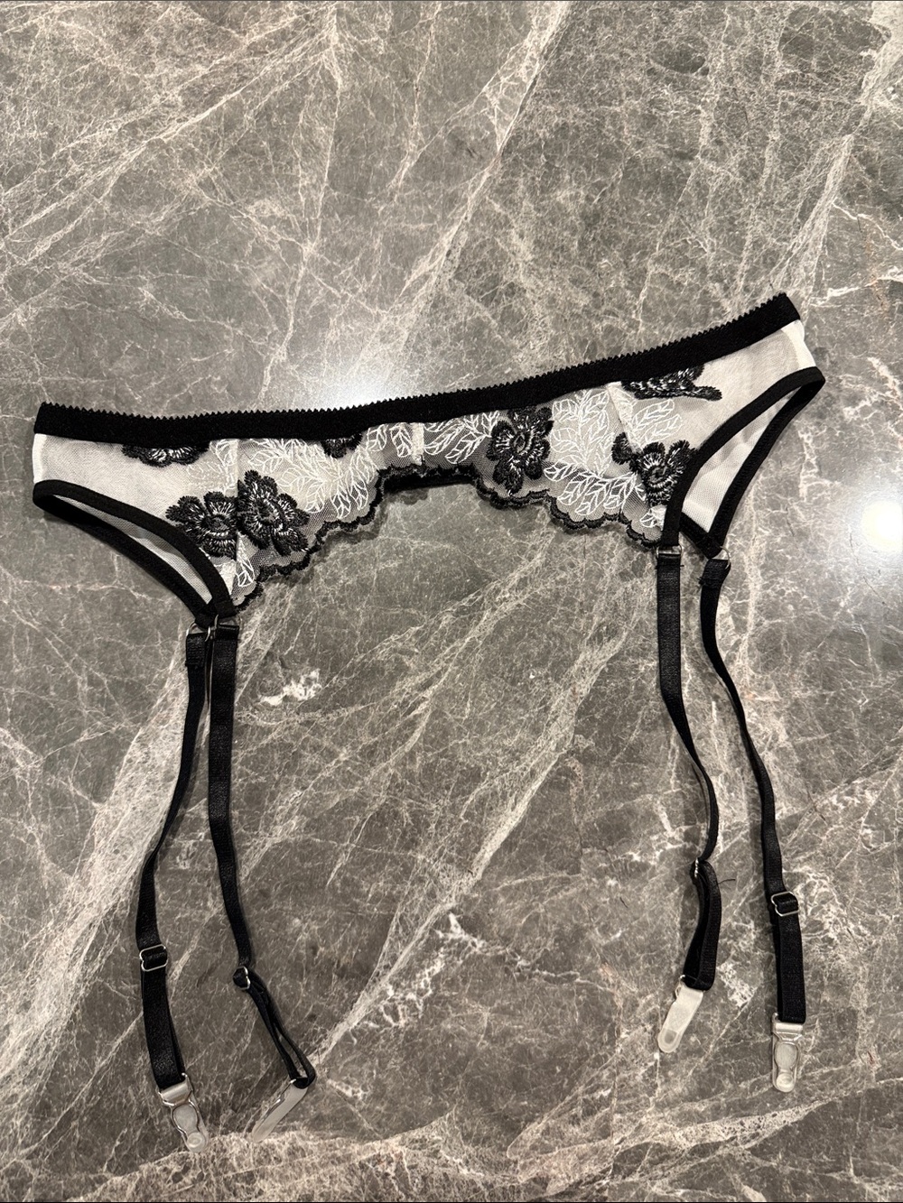 Sheer Black & White Floral Lace Garter Belt